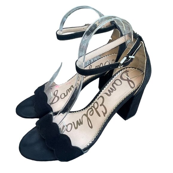 SOLD!Edelman Womens 8 Odila SUEDE Black Scalloped Ankle Strap Sandals Block Heel - Picture 1 of 5
